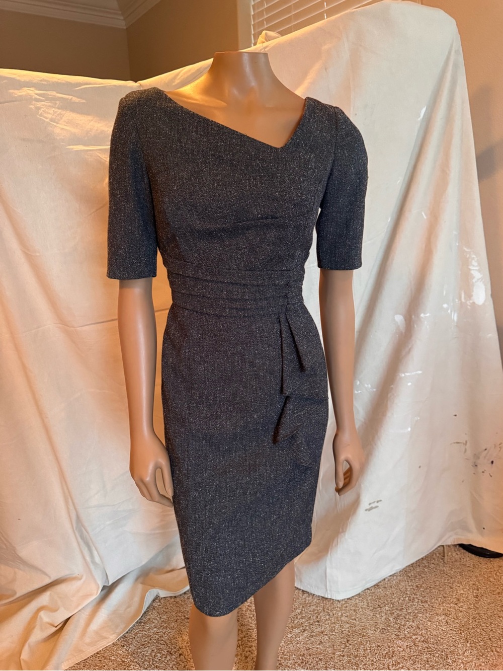 Elegant Charcoal Tweed Cocktail Dress Asymmetric Neckline WHBM